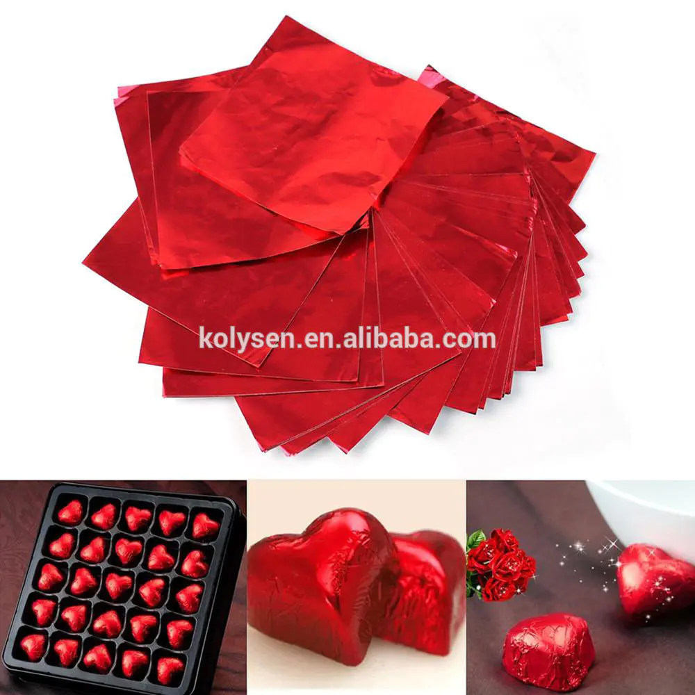 Chocolate hearts wrapping red aluminum foil in sheet