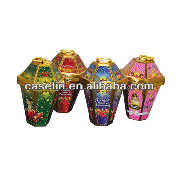 Fashionable decorative lantern shape candy gift packaging Handle tin box with locked lid