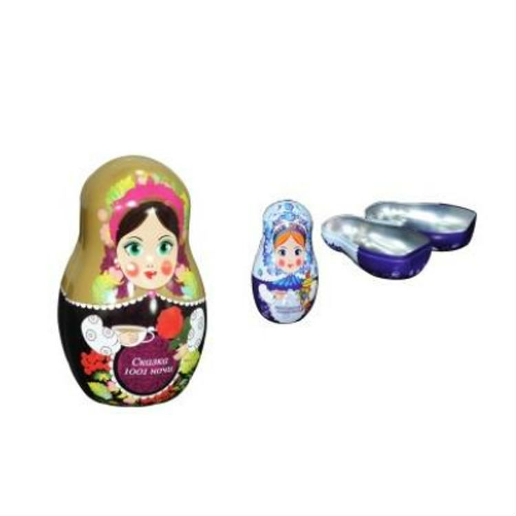 2019 new customized printing Matryoshka doll shape toy tin can packing tin box for chocolate and toy