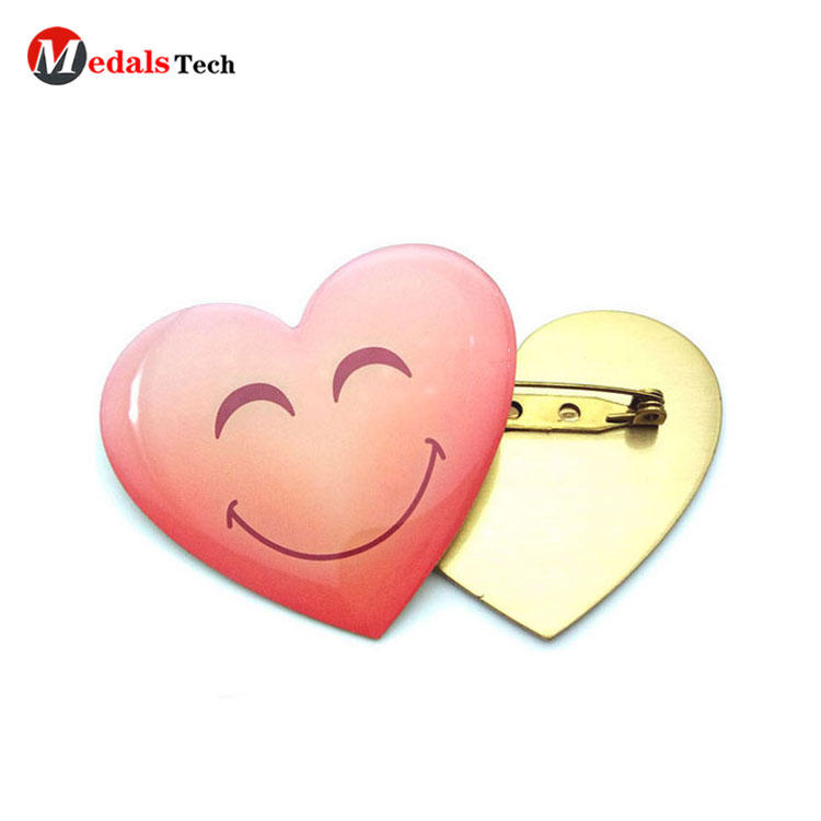 Printing epoxy coated metal smile face heart shape badge with safety pin