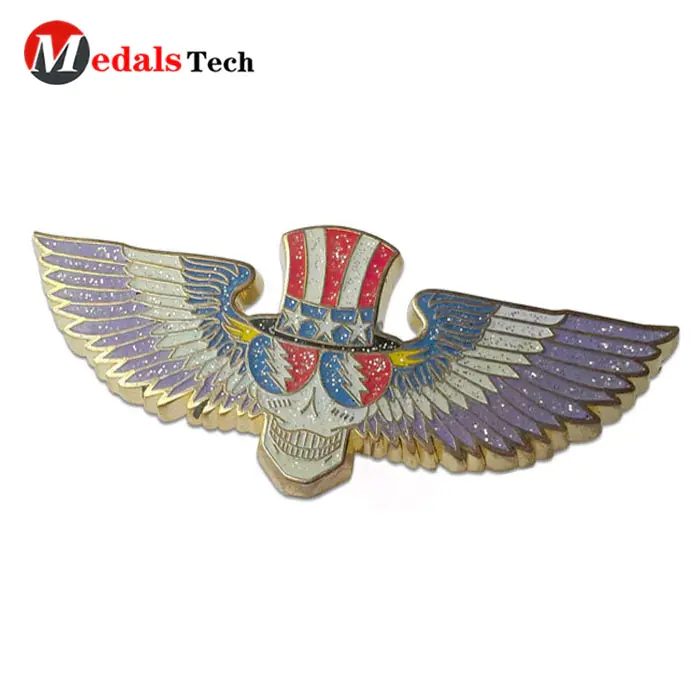 Personalized design glitter color filled enamel 3D wing shape eagle stone badge lapel pins with your logo