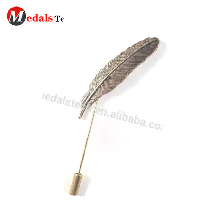Top selling custom long needle antique bronze metal 3d feather lapel pin