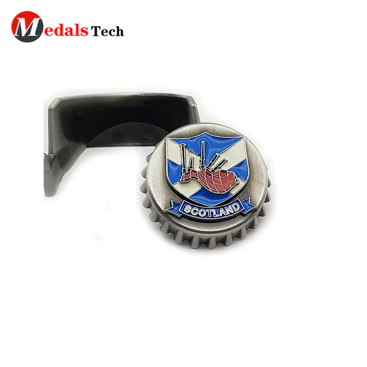 2021zinc alloy made assembly color filled metal logo cap shaped beer bottle opener for sale