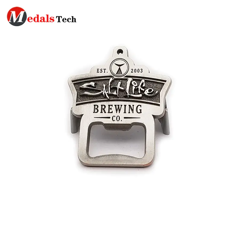 Promotional popular design metal embossed logo Anniversary souvnir keychain silver plated pocket bottle opener