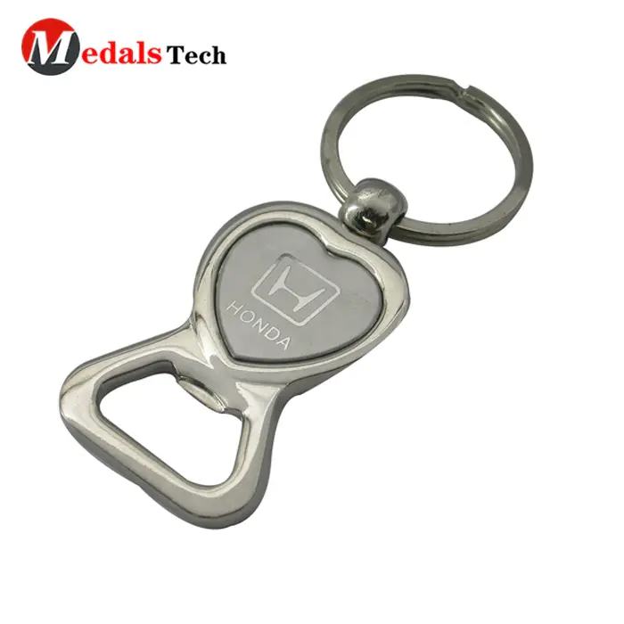 Cheap custom logo metal engraved laser printing sticker logo heart shape bar bottle opener with keyring