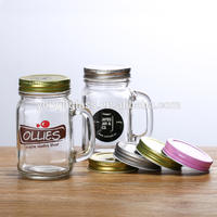 2018 hot selling customized Glass Mason jars with handle and coloured screw tin lid