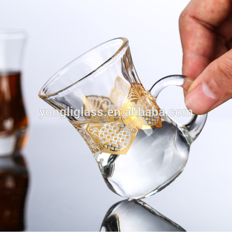 Delicate decal logo turkish tea glass with handle, elegant heat-resistant glass tea cup