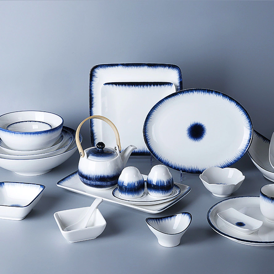 Two Eight Ceramics Reactive Glaze Blue White Chinese Porcelain Tableware, Blue White Japanese Tableware