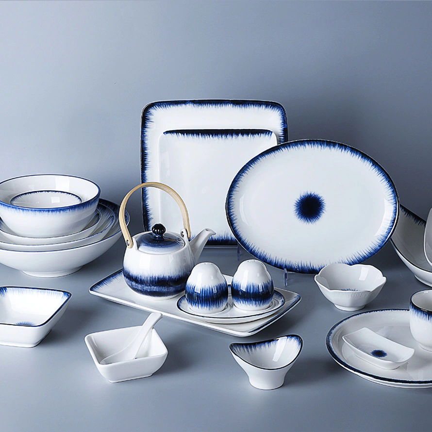 Blue Dinner Plate Sets For Resort, Ceramic Hotel Tableware Supplierd, Colored Porcelain Dinnerware Sets@