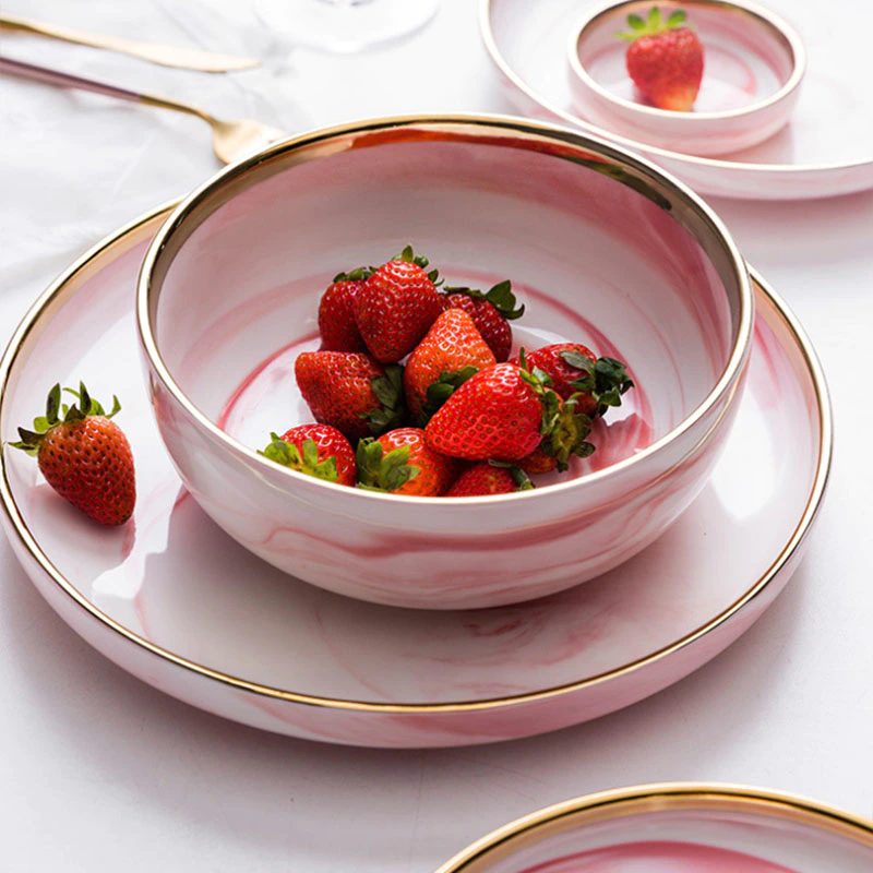 Ceramic Dinner Plates India Hotel Tableware Supplied Gold Dinner Set Marble, Popular Crockery Tableware Gold Pink Marble Plate@