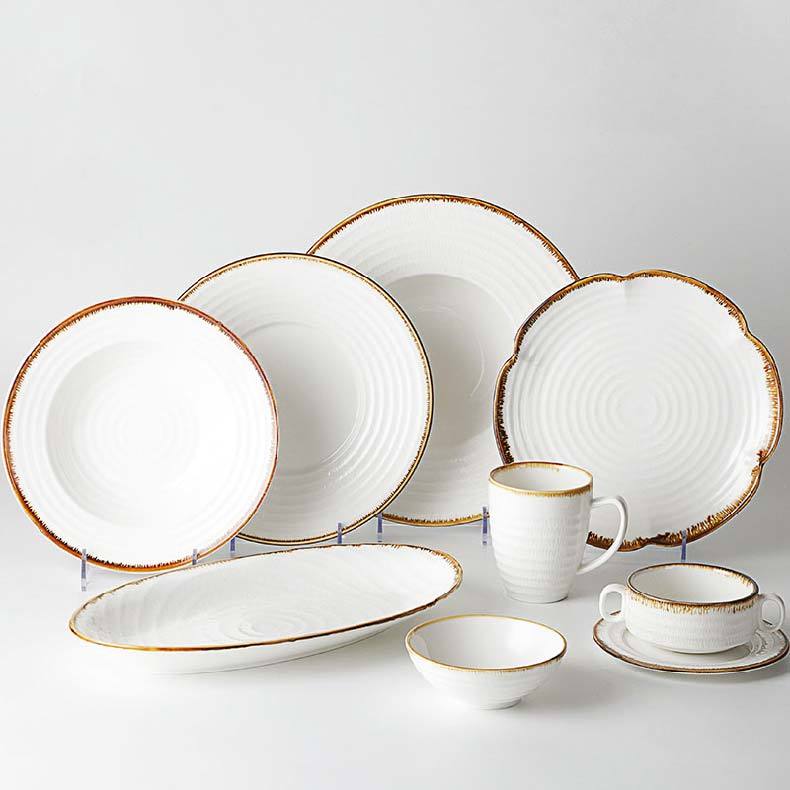 Color Rim Brand Ware Dinnerware Set, Rustic Dinner Sets Wholesale, Brown Rim Ceramic Dinner Set Dinnerware&