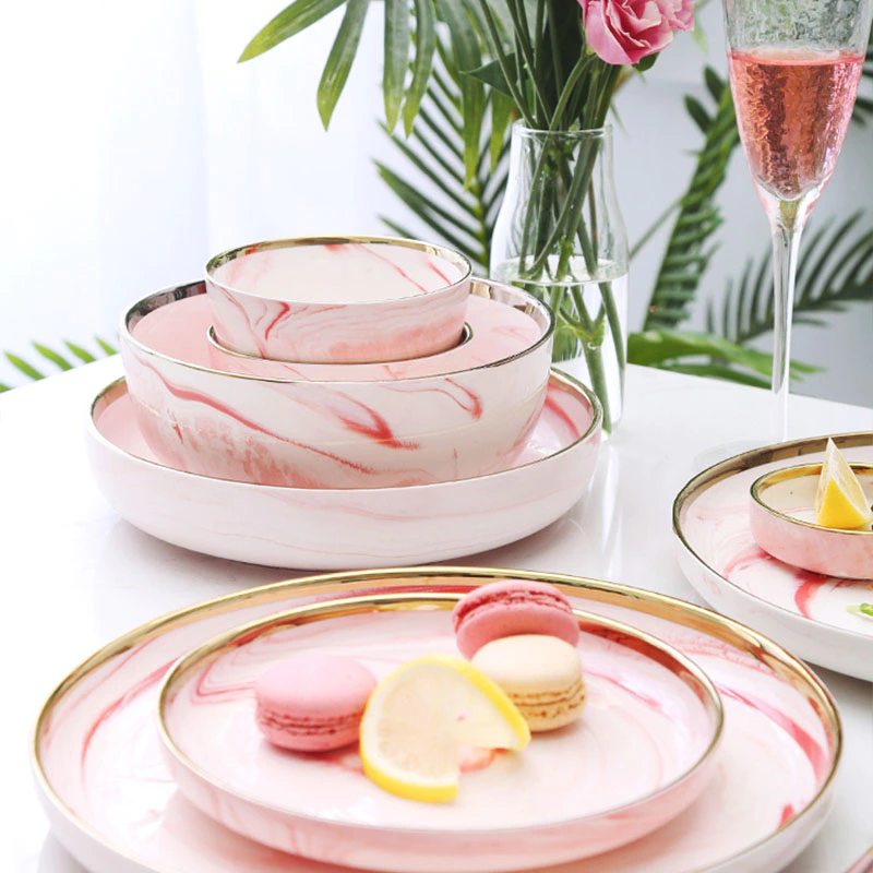 Latest Dinner Set With Popular Design Porcelain Marble Pattern Ceramic Dessert, Best Selling Party Plate Pink Luxury Dinner Set/