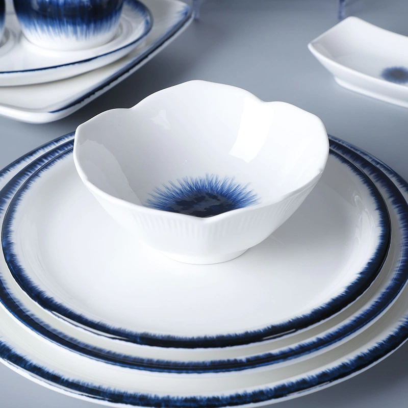 Blue Glazed Hotel Ceramic Tableware Unbreakable Dinner Set, Nordic Banquet Hall Rustic Dinner Set Ceramic Tableware^