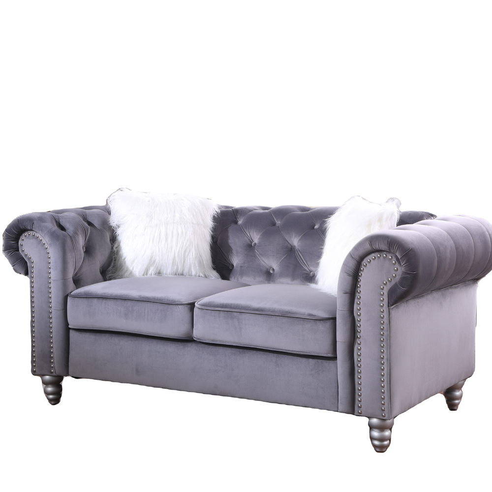 High quality luxurious Grey Velvet fabric 2 seater chesterfield sofa