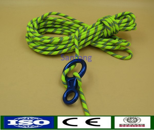 Climbing rope with figure eight fall arrester belay devices descender