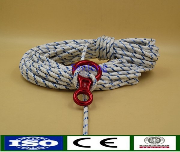 Climbing rope with figure eight fall arrester belay devices descender