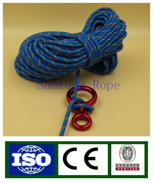Climbing rope with figure eight fall arrester belay devices descender