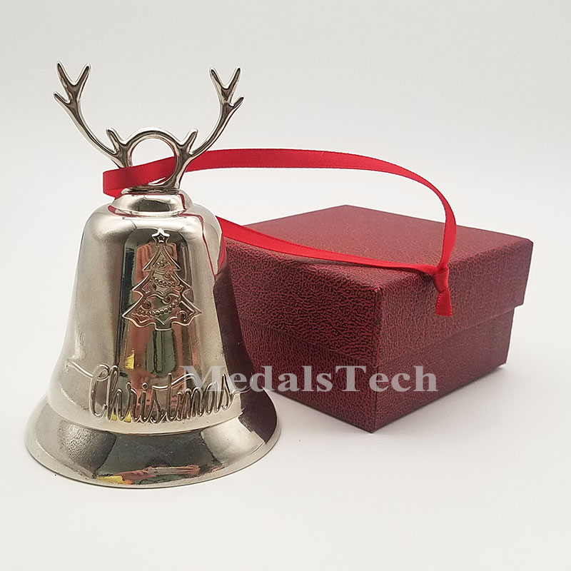 Custom 3D zinc alloy large size smooth silver color filled logo metal felted bell christmas decoration With jingle bell