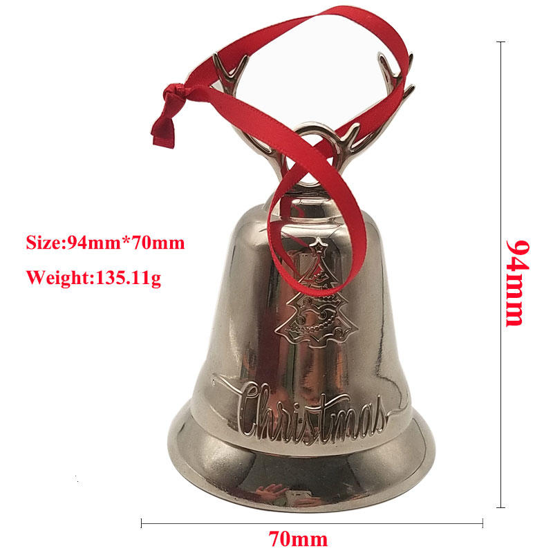 Festival decoration Large size smooth silver plating metal wind chimes christmas bells with red ribbon