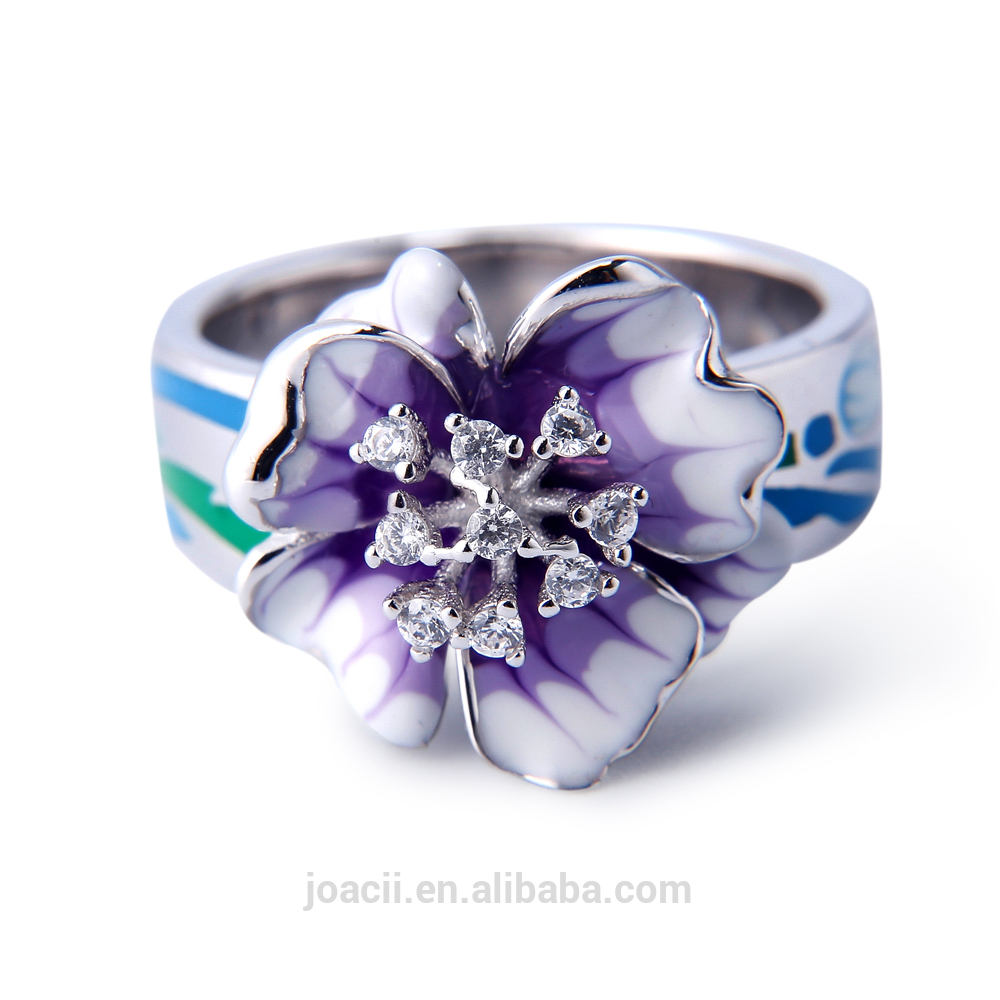 Joacii Latest Enamel Flower Shape 925 Silver Cz Ring With Patella Aurum Jewelry