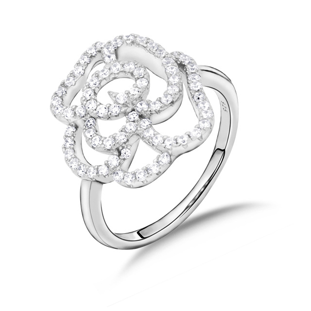 Stylish Rose Design Diamond Women 925 Sterling Silver Jewelry Ring