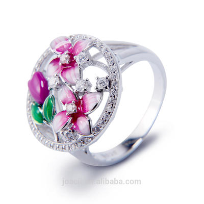 Joacii New Design Flower Shape 925 Silver China Enamel Craft Cz Jewelry Ring With 18K Gold Plated For Men And Women