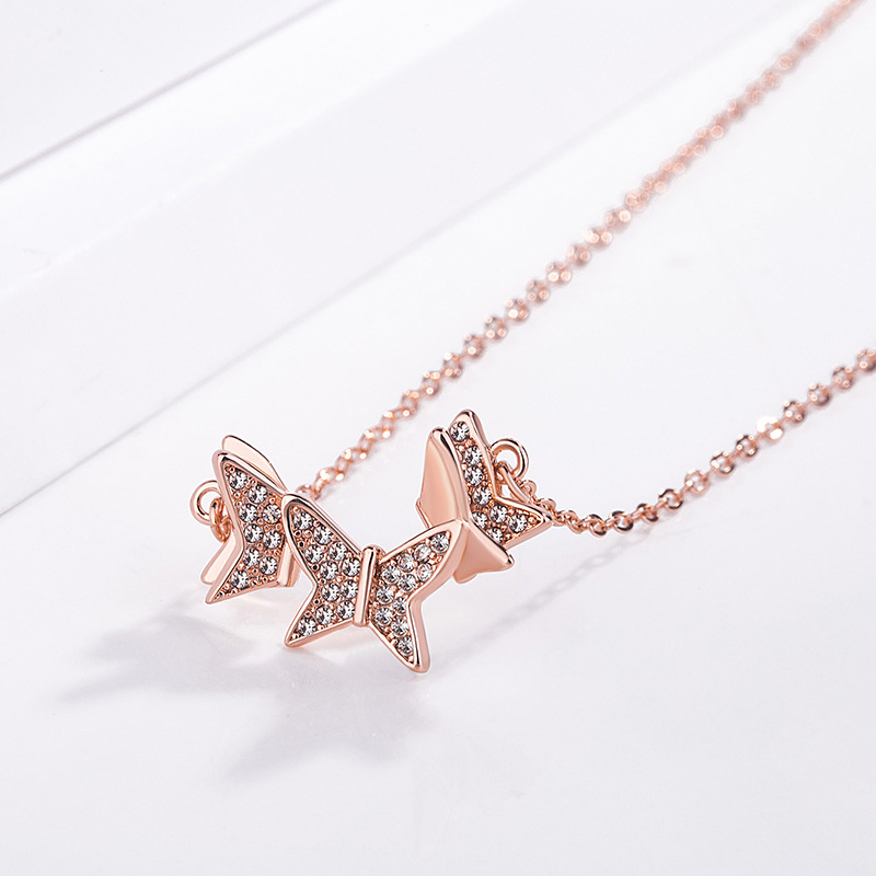 925 Sterling Silver Three Butterfly Shaped Zircon Pendants NecklaceFor Girls Gifts Jewelry