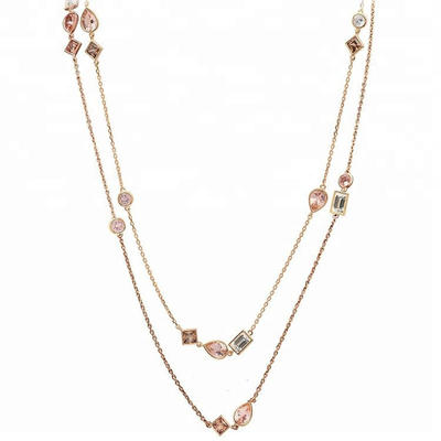 Custom Crystal Bead Plated Fashion Women Rose Gold 2 Layered Long Chain Necklace Jewelry