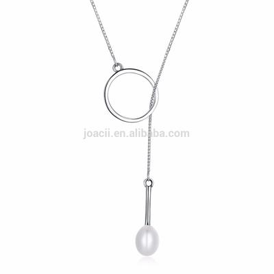 Round circle and pearl sterling silver long chain jewelry necklace