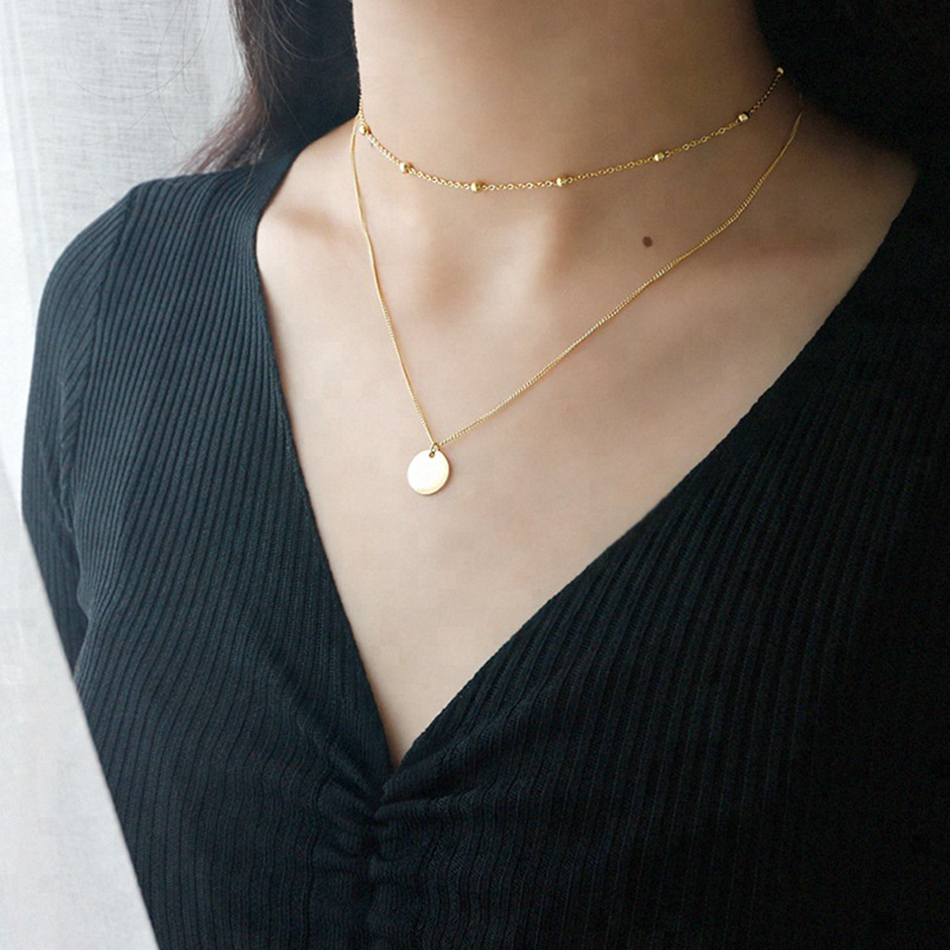 Custom Factory Direct Simple Bead Double Clavicle Chain Short Ladies Pendant 18K Gold Initial Coin Blank Sequin Necklace
