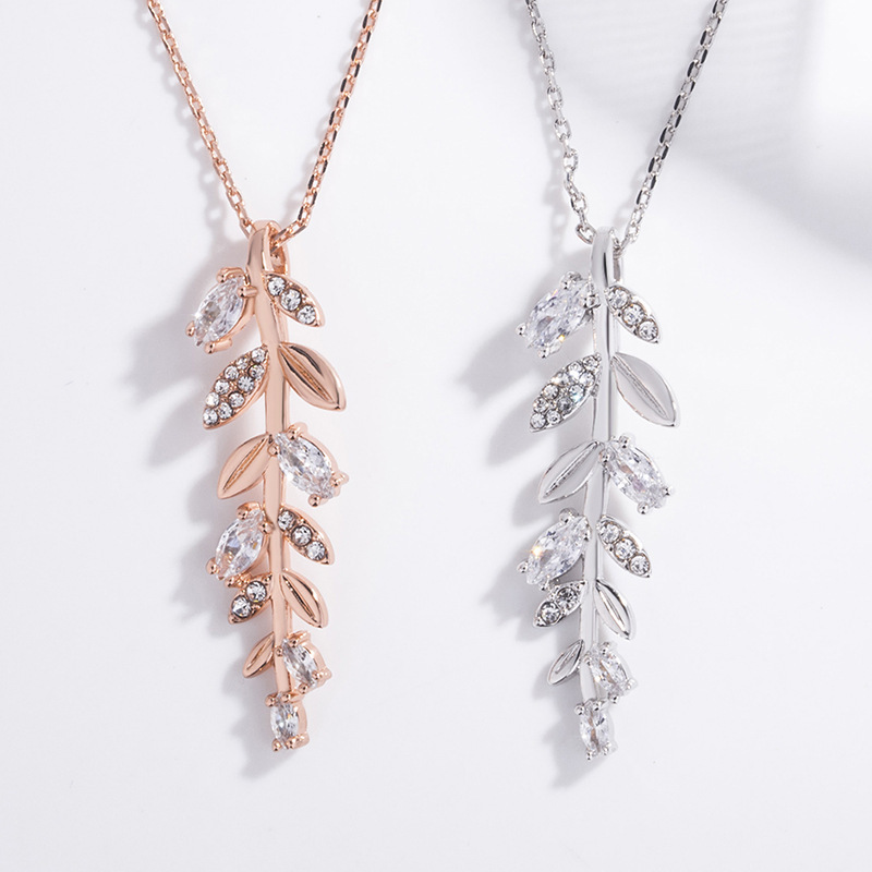 New 925 Sterling Silver Rose Gold Plated Cz Zircon Tree Leaf Necklace For Women