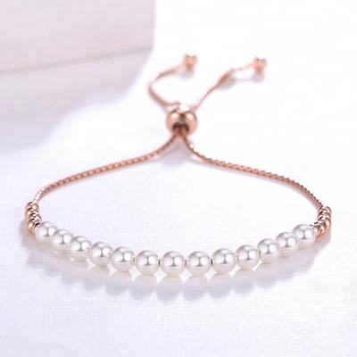 Adjustable chain rose gold plated pearl bead slide 925 sterling silver bracelet women