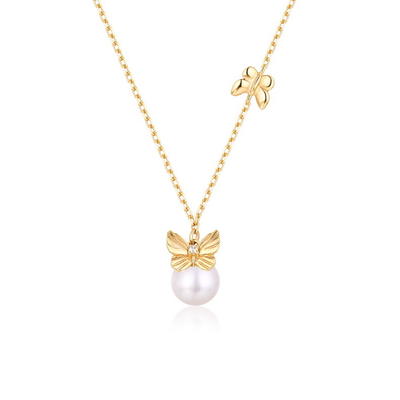 Freshwater Pearls Gold Butterfly Design Sterling Silver Chain Necklace