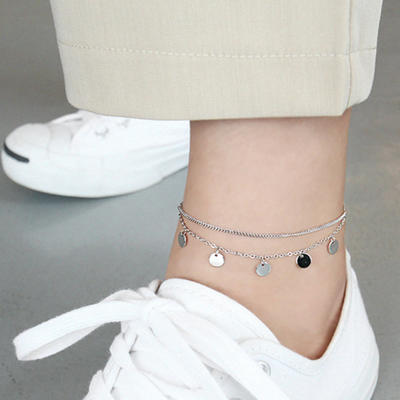 Fashion Double Layer Anklet Geometric Round Tassel Chain Bracelet 925 Sterling Silver Dainty Coin Foot Jewelry