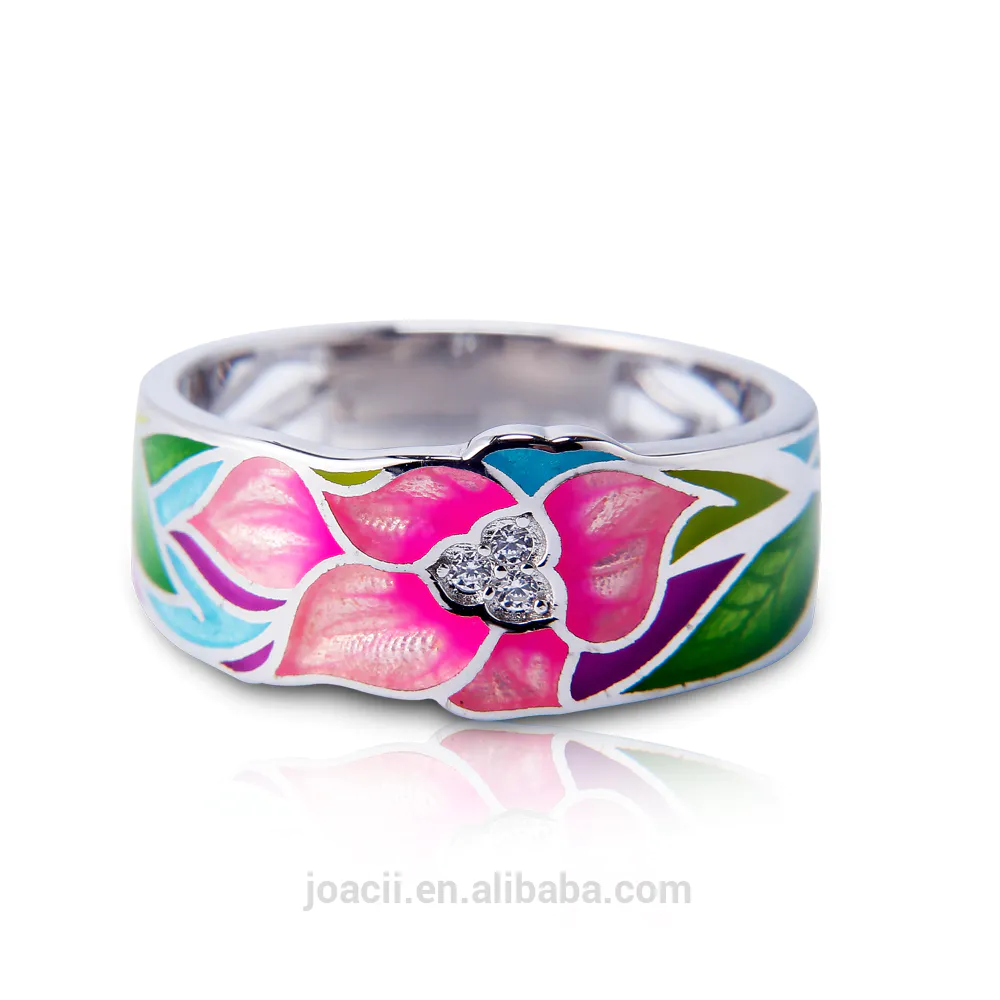 Joacii Flower Shaped Rhinestone 925 Sterling Silver Jewelry Enamel Band Ring With 18K White Gold Gilded For Women And Men