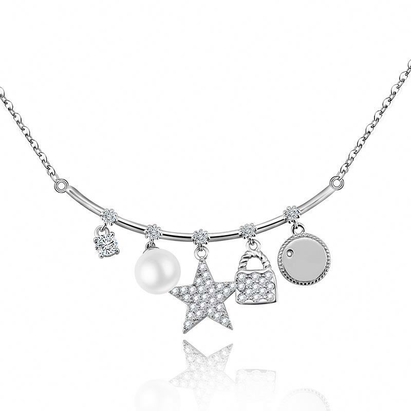 Joacii Stylish Star And Locks Design Pearl Silver Jewelry Necklace With Joyeria