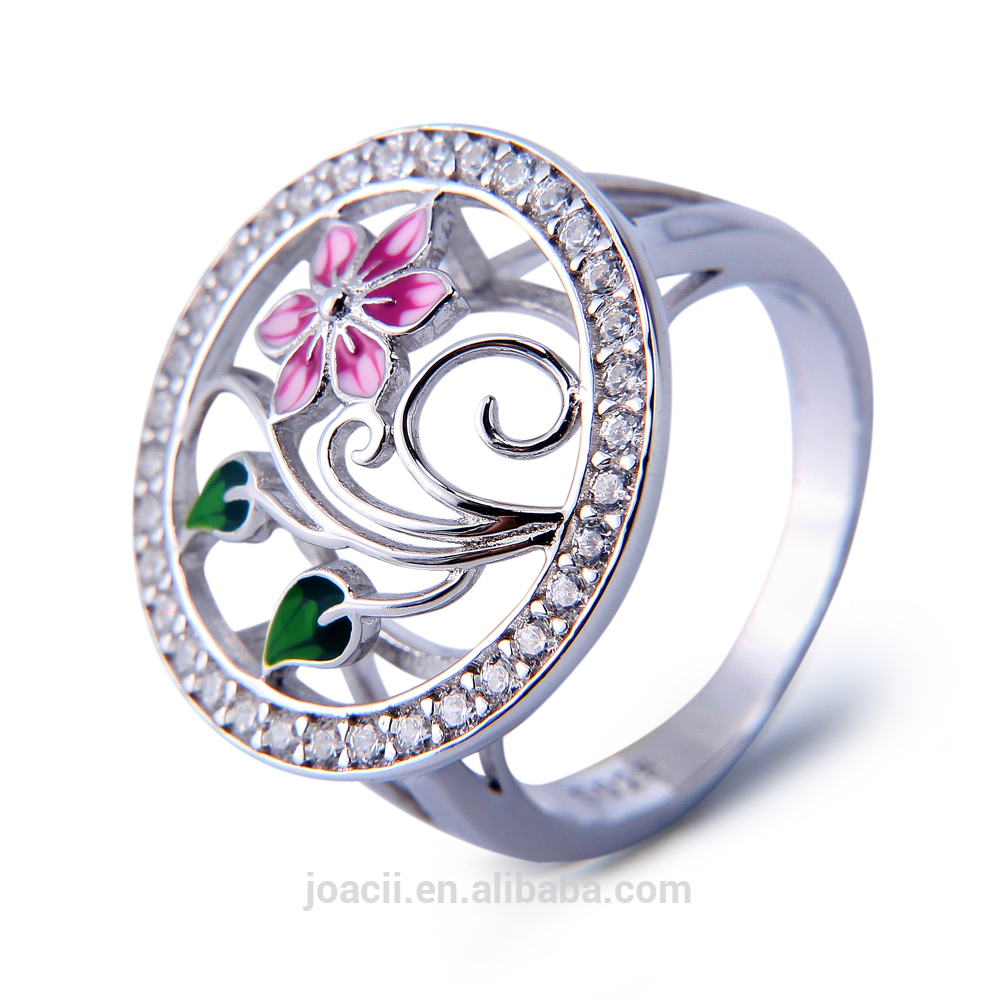 18K White Gold Plated Sterling Silver Jewelry Flower Enamel Ring