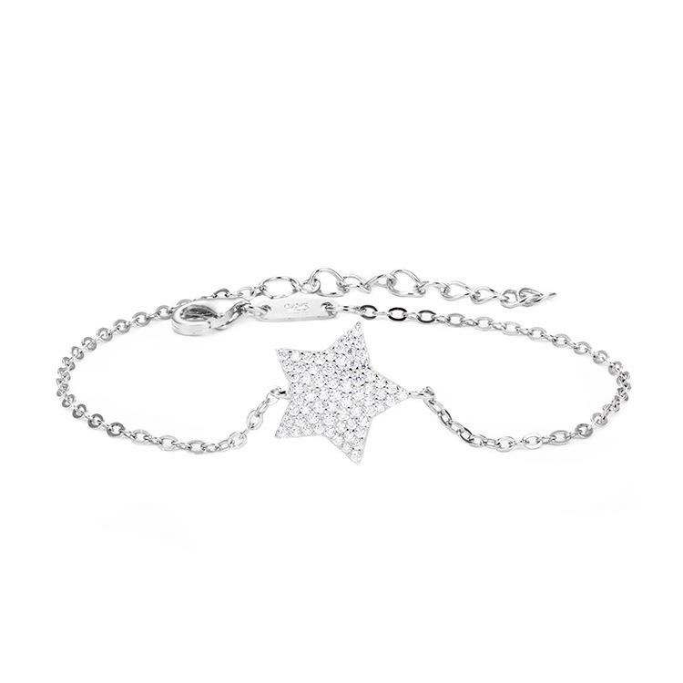 Five-Pointed Star Design Cubic Zirconia Silver Chain Bracelet With Joyeria