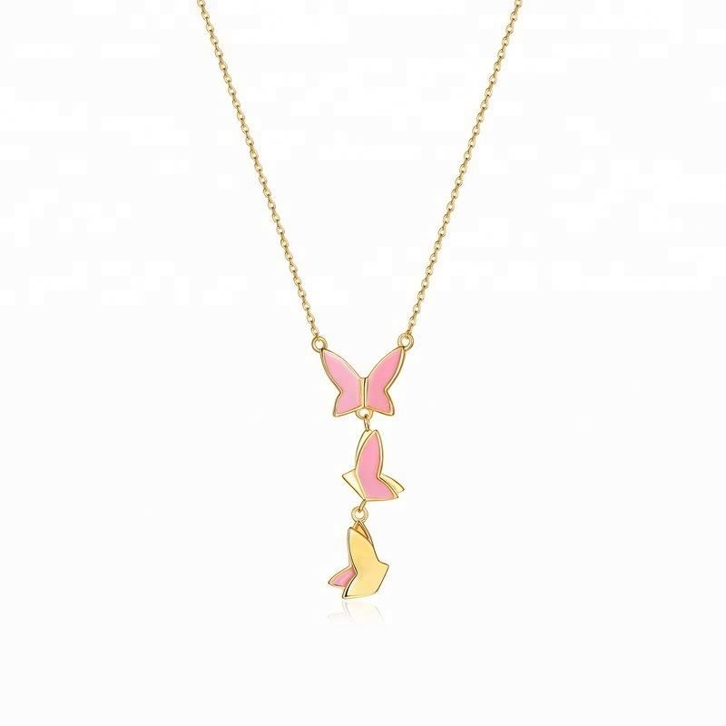 Joacii Fashion Butterfly Design Pink Enamel Brass Pendant Necklace With Joyeria De Mujer