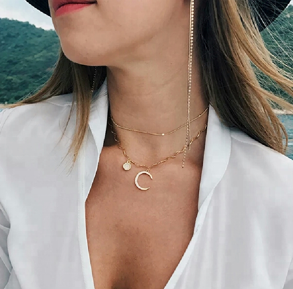 Custom Brazilian Gold Plated Chain Opal Zirconia Crescent long chain Moon Necklace Set