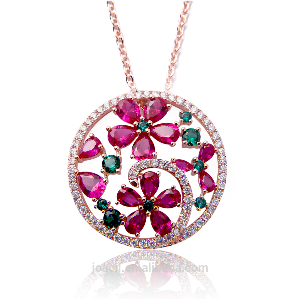 Newest Women and Girls Design 18k gold plated craft flower AAA Zircon Amethyst and Ruby Stone pendant Necklace