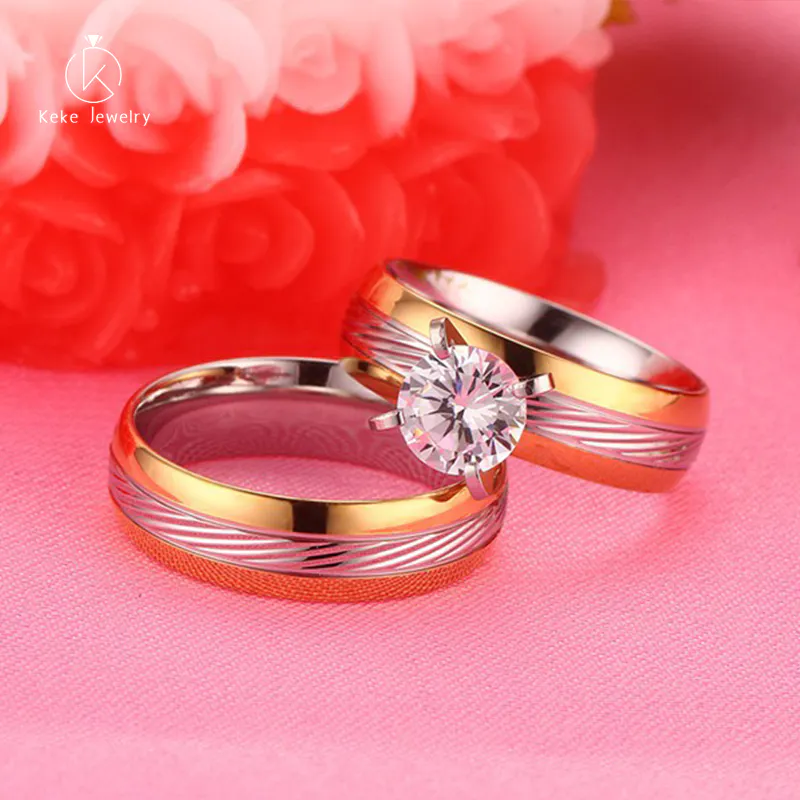Hot Selling Luxurious Japanese and Korean stainless steel gold inlaid zircon couple ring CR-048