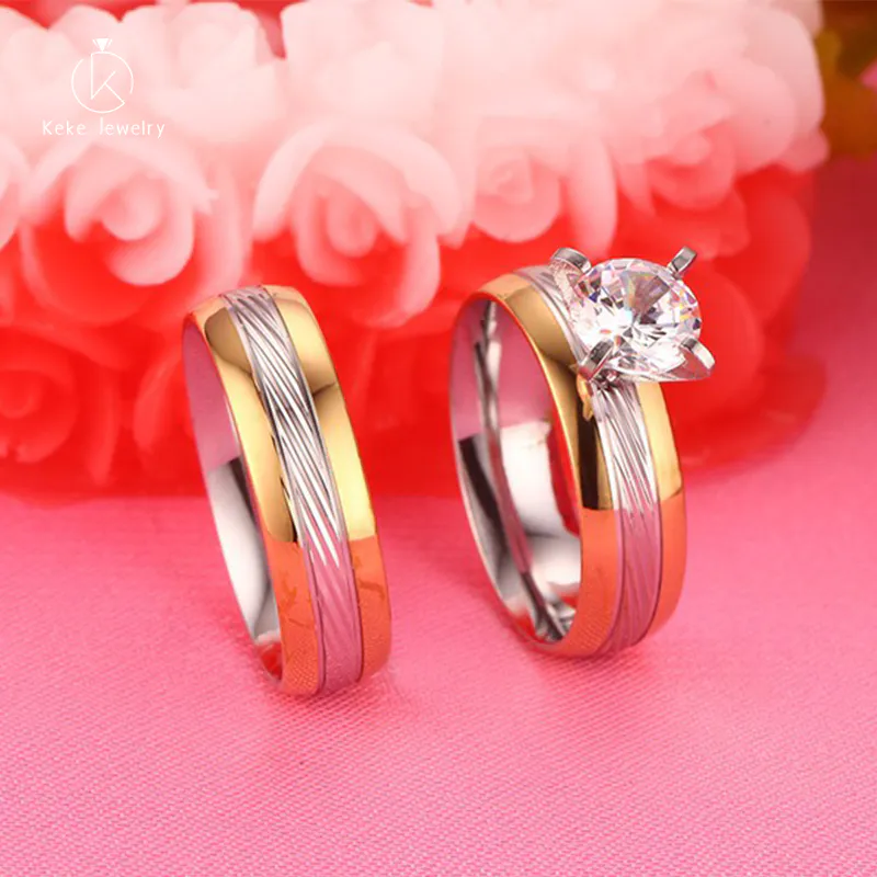 Hot Selling Luxurious Japanese and Korean stainless steel gold inlaid zircon couple ring CR-048