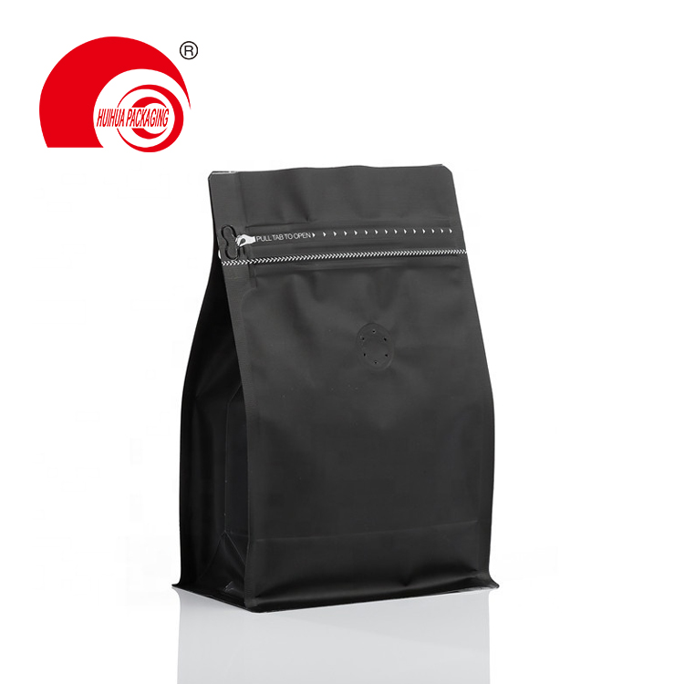 Matte Black Square Bottom Coffee Bag with One-way Degassing Valve and Tear-off Ziplock