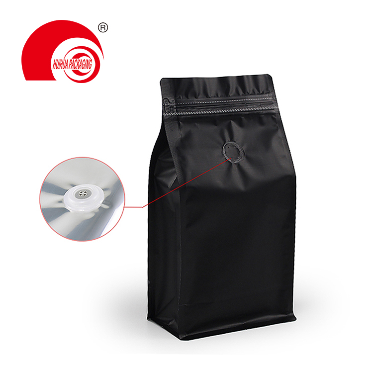 Download Matte Black Square Bottom Coffee Bag with One-way Degassing Valve and Tear-off Ziplock-Huihua