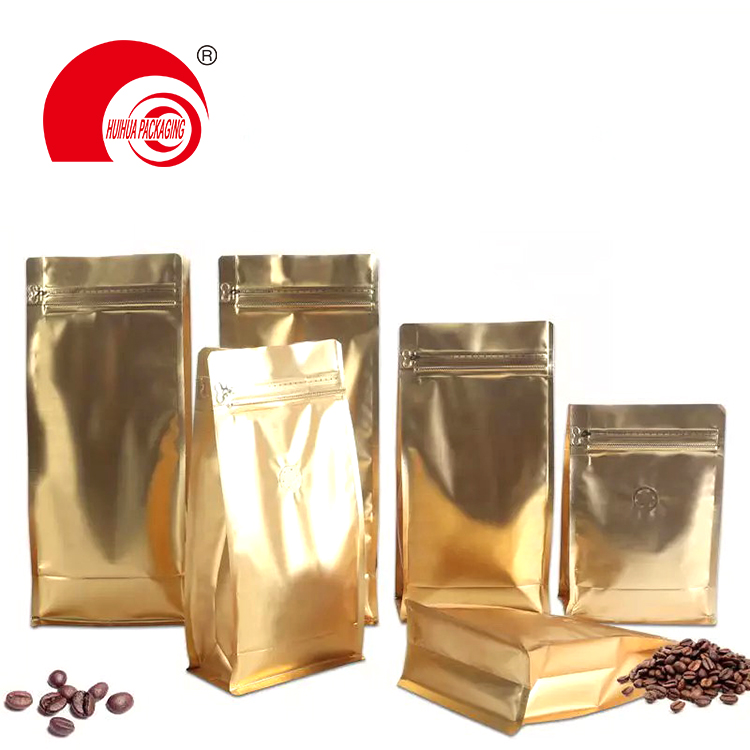Glossy Gold Aluminum Foil Flat Bottom Pouch Coffee Bean Packaging Bag with Tear-off Zipper