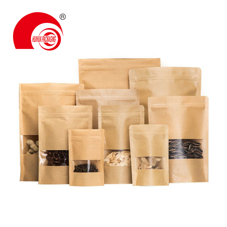 Factory Wholesale Food packaging Doypack Stand Up Pouch Plain Brown Kraft Paper Bag with Clear Window