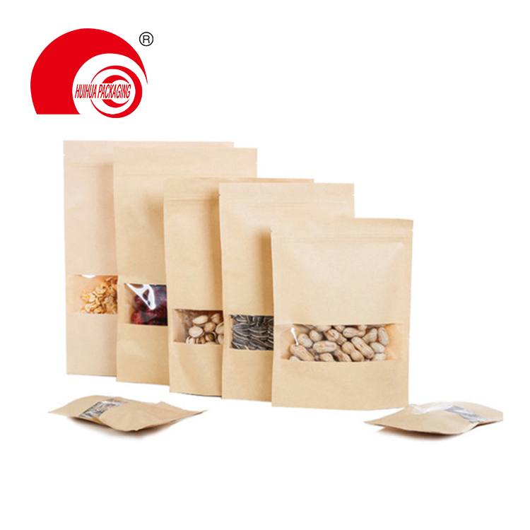 High Quality Food Packaging Stand Up Pouch Reusable Zipper Kraft Paper Bag with Clear Window
