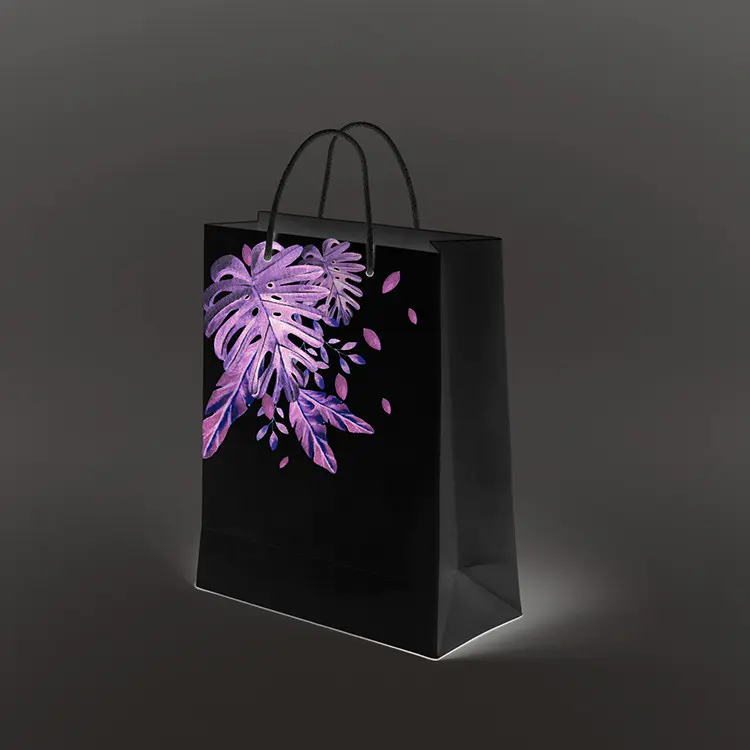 2020 new product dark black custom printed on glossy paper small black paper bag gift bags with handle