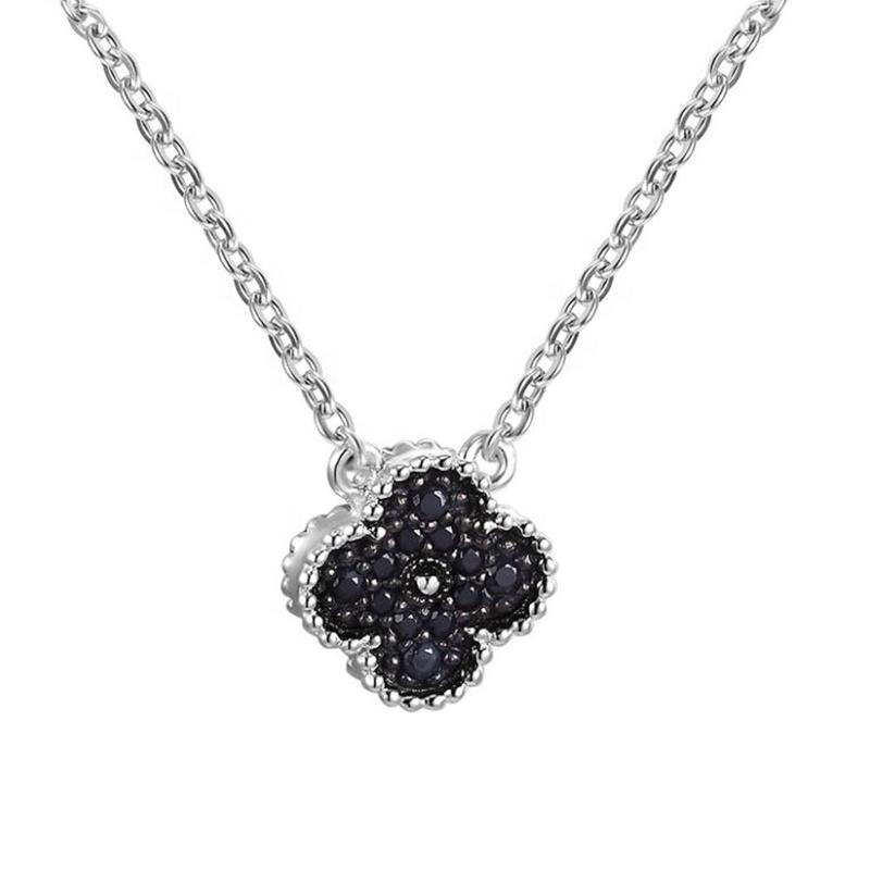 Sterling Silver Four-Leaf Clover Necklace, Black Obsidian Silver Four Leaf Clover Pendant